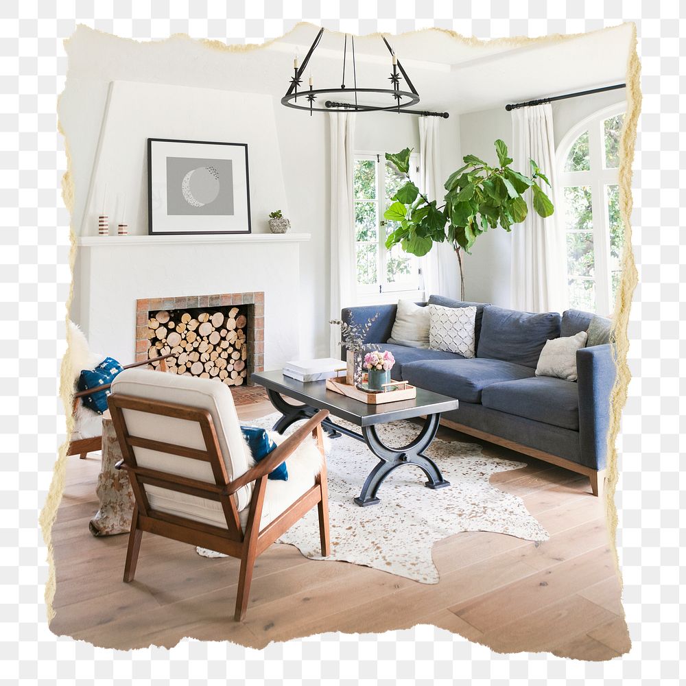 Png cozy interior living room sticker, ripped paper, transparent background