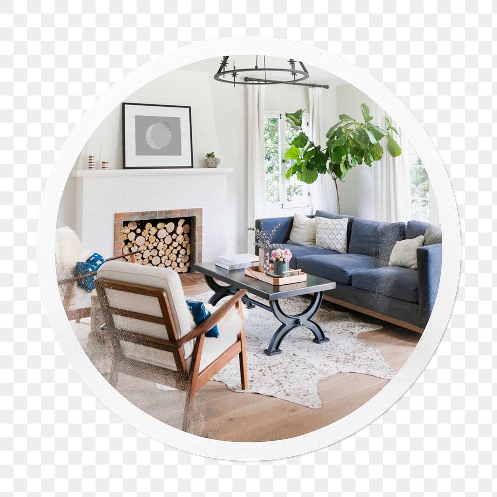 Png cozy living room sticker, interior in circle frame, transparent background