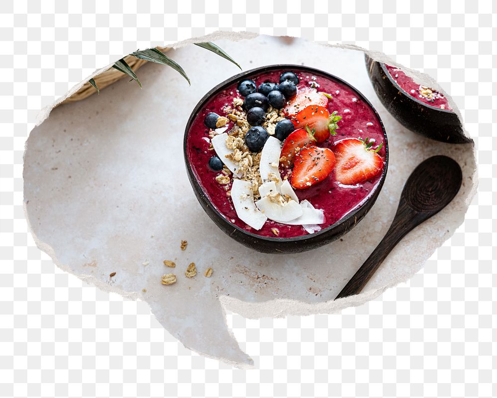 Acai bowl png sticker, healthy food ripped paper speech bubble, transparent background
