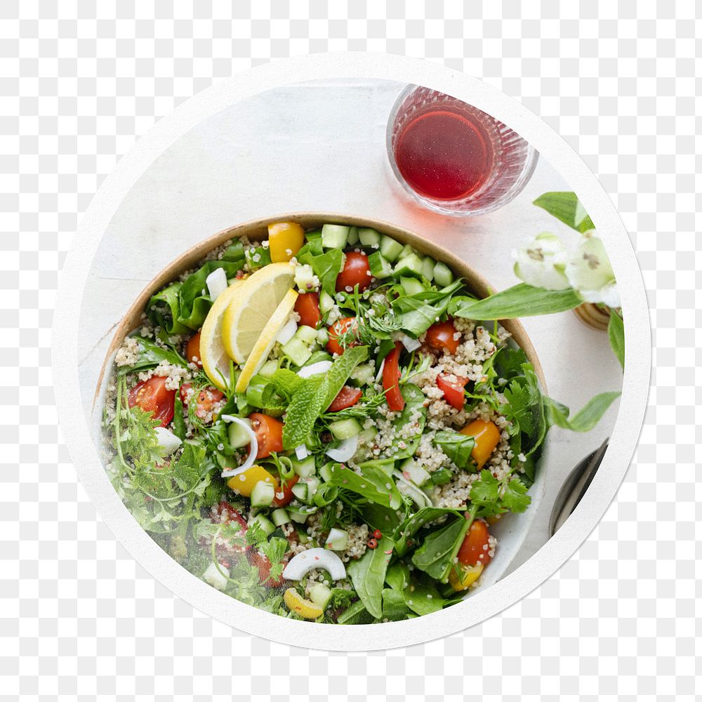 Salad bowl png sticker, healthy food in circle frame, transparent background