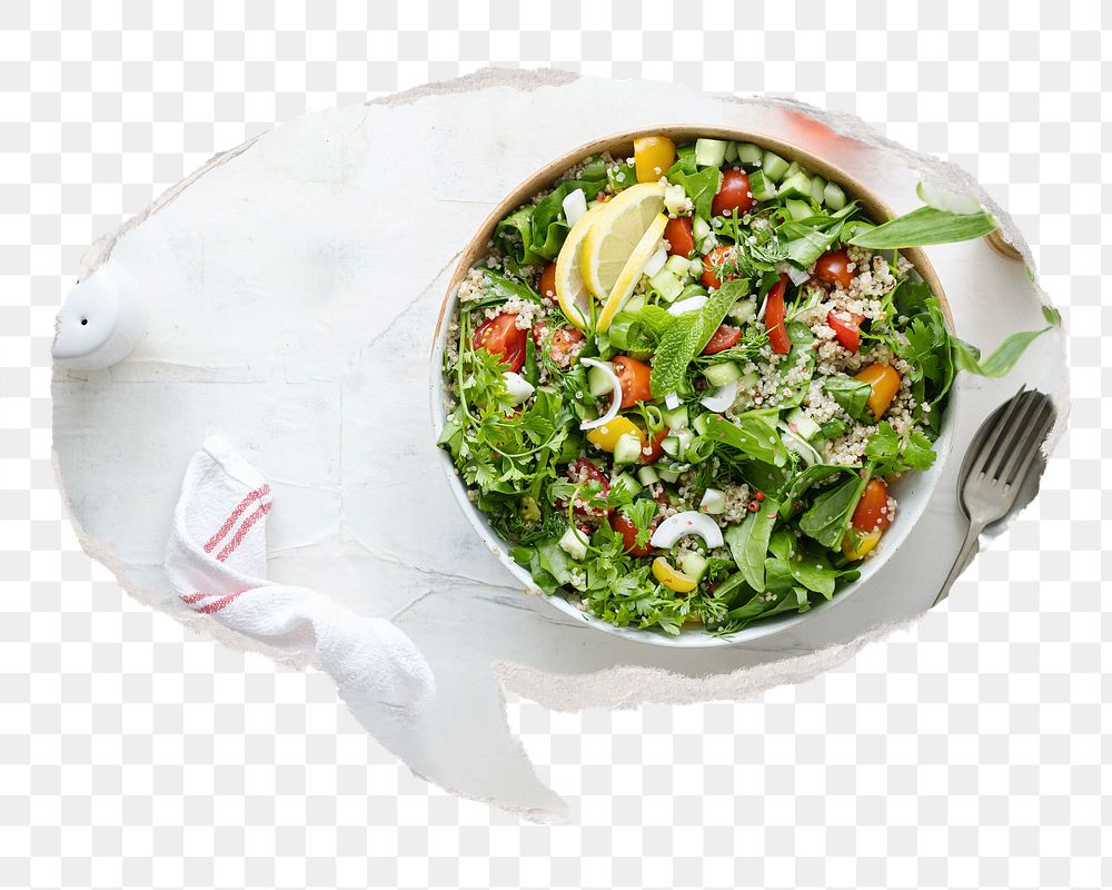 Healthy salad bowl png sticker, ripped paper speech bubble, transparent background