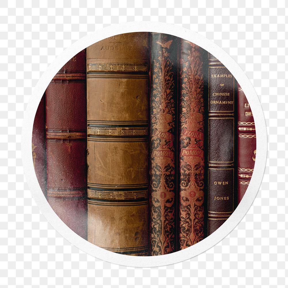 Png leather book spines sticker, circle frame, transparent background
