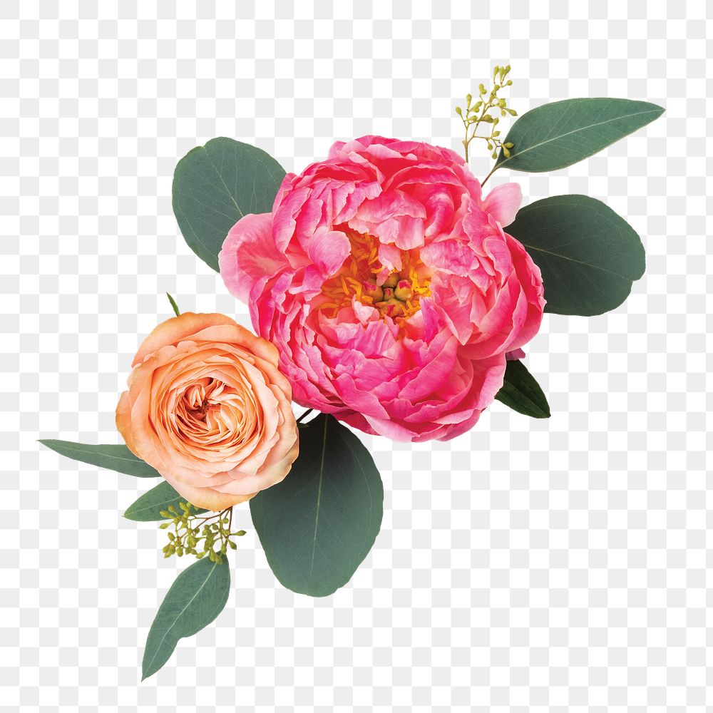 PNG flower arrangement, pink peony and red orange