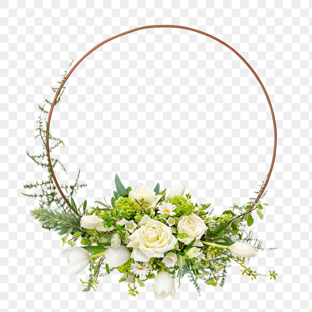 PNG white flower round frame, collage element design