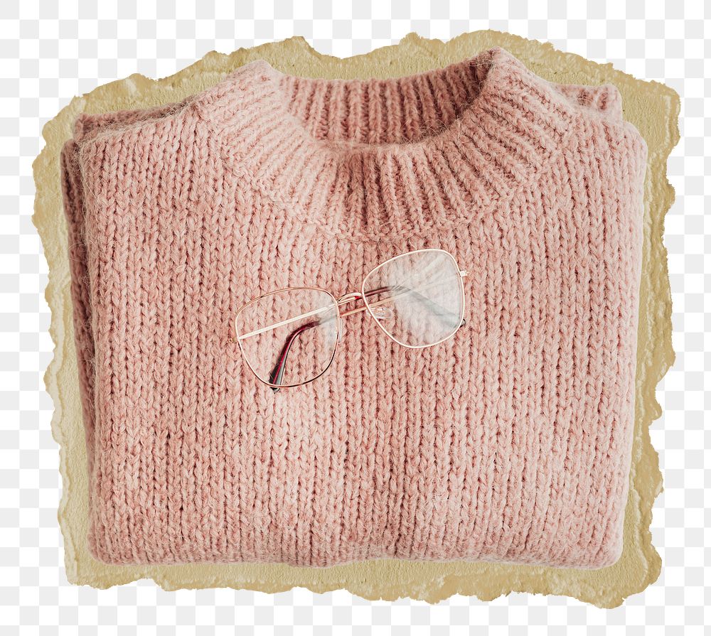 Png pink knitted sweater sticker, cute fashion torn paper, transparent background