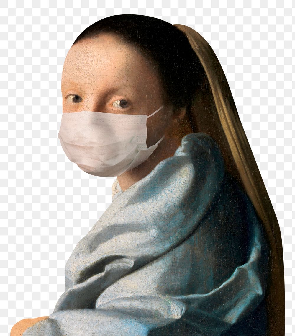 Png Vermeer's young woman wearing a face mask sticker, vintage illustration, transparent background