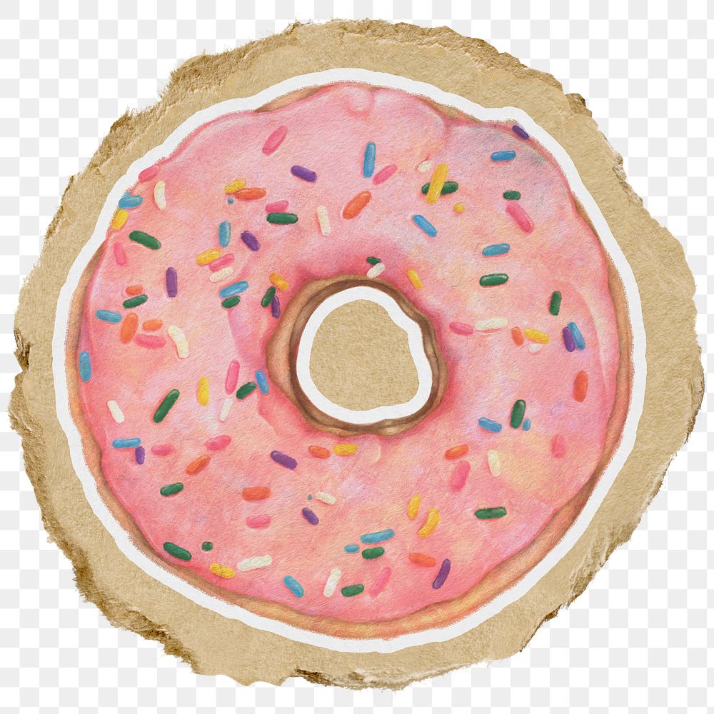 Donut, dessert png sticker, ripped paper, transparent background