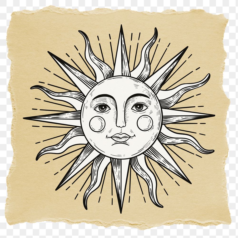 Celestial sun illustration png sticker, ripped paper, transparent background