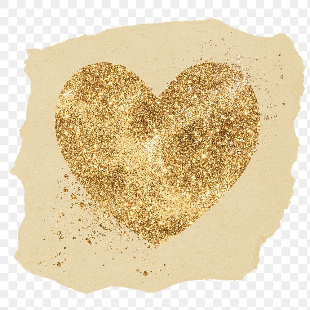 Gold glitter png heart sticker, ripped paper on transparent background