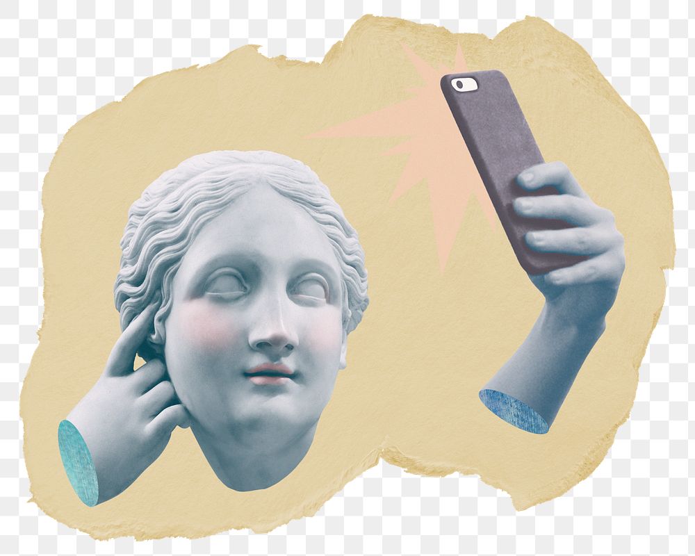 Greek goddess taking selfie png sticker, ripped paper, transparent background