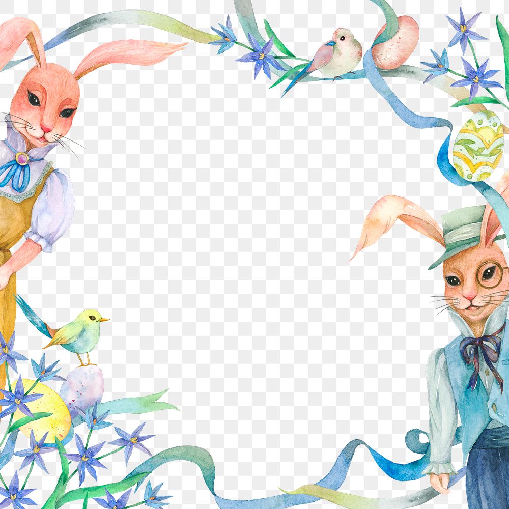 Png Easter Festival frame with rabbit couple in the garden