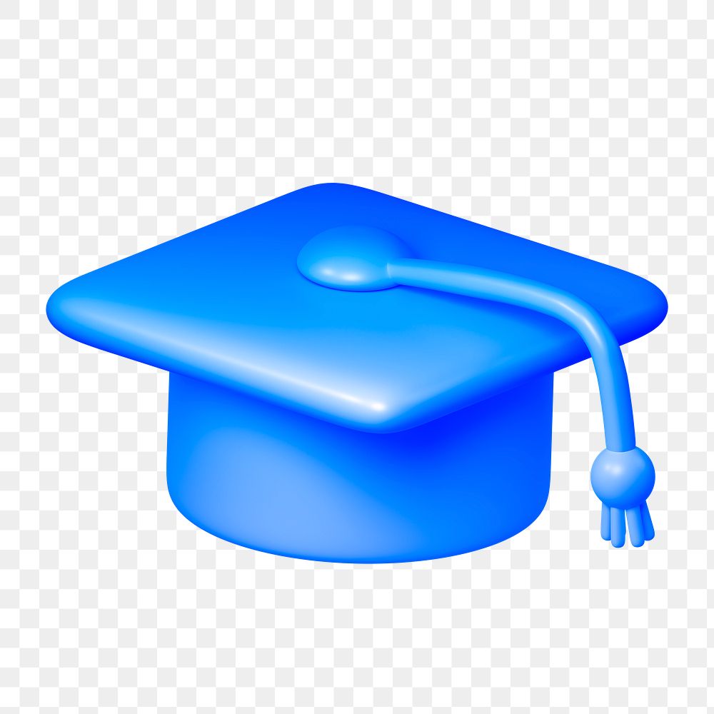 Blue graduation cap png icon sticker, 3D rendering, transparent background