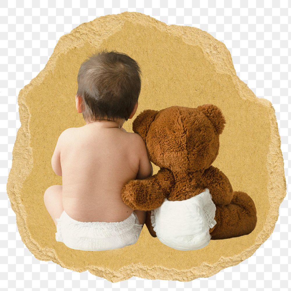 Teddy bear png hugging baby sticker, ripped paper on transparent background