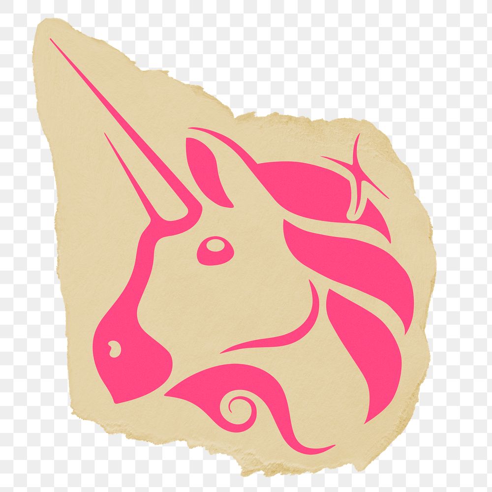 Unicorn head png sticker, ripped paper, transparent background