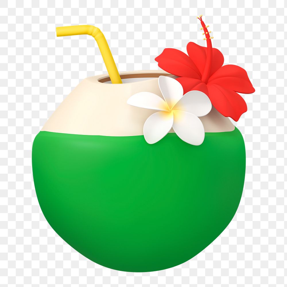 Coconut drink  png sticker, fruit 3D cartoon transparent background