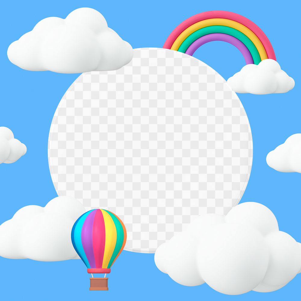 Sky frame png, 3D clouds and rainbow, transparent background