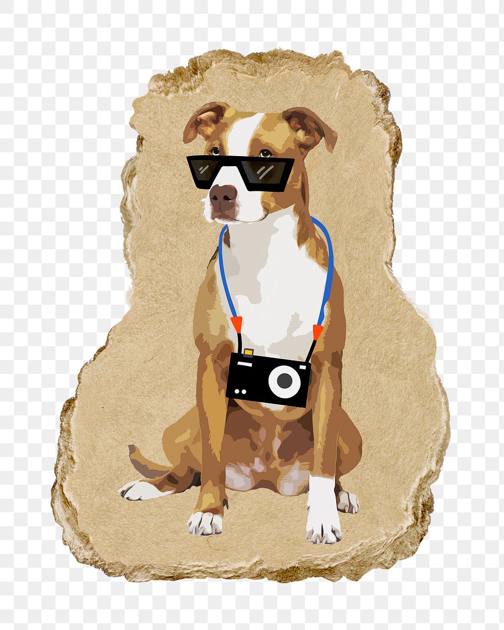 Tourist dog png sticker, ripped paper, transparent background