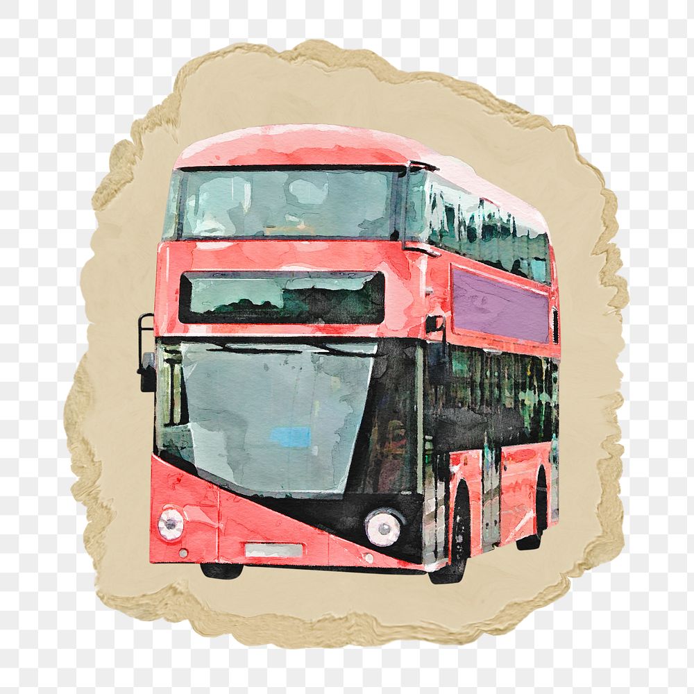 Double decker bus png sticker, ripped paper, transparent background