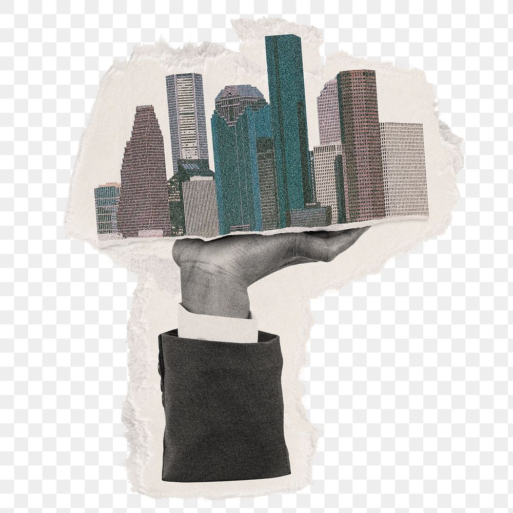 Hand carrying city png, real estate development concept collage element on transparent background