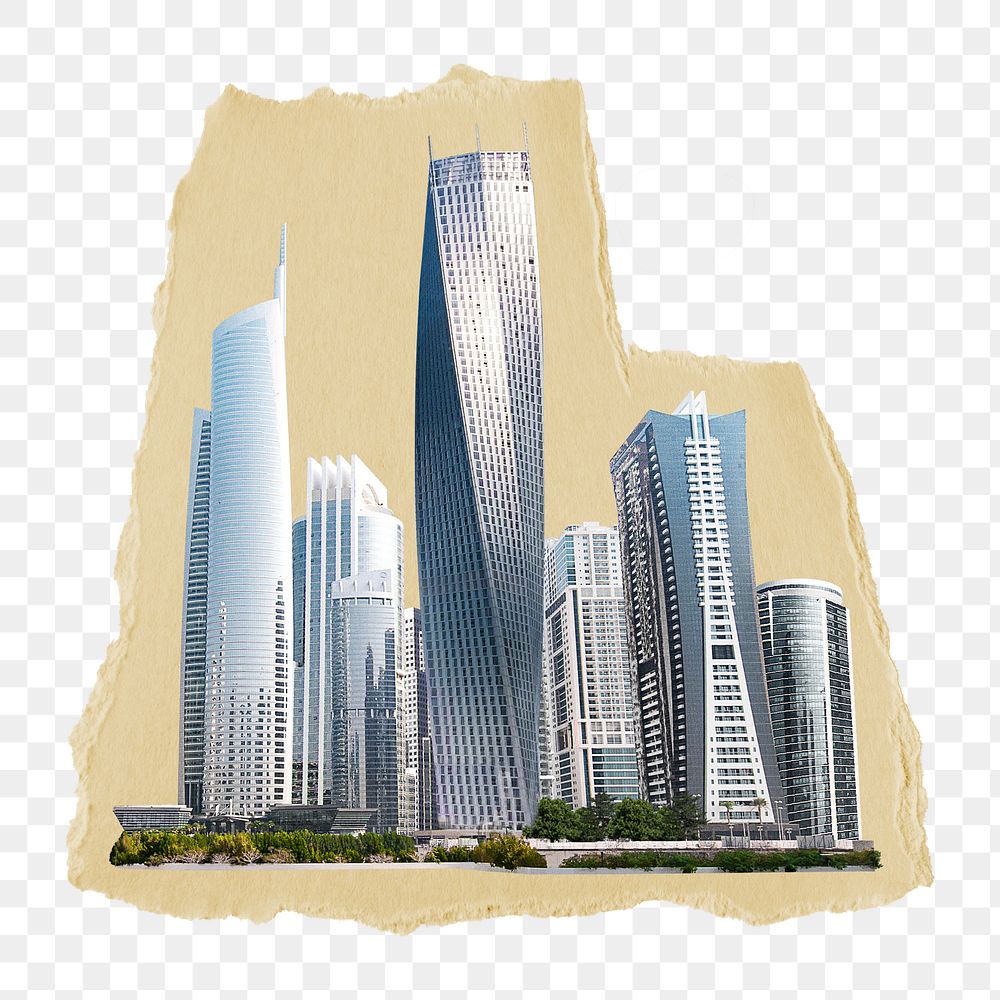 City skyline png torn paper border sticker, office buildings & skyscrapers, transparent background