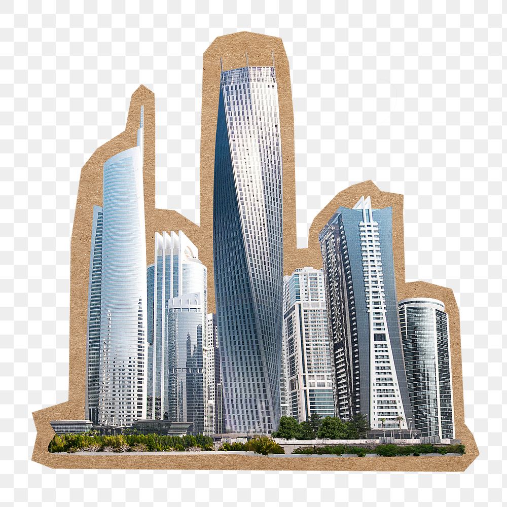 City skyline png brown paper border sticker, office buildings & skyscrapers, transparent background