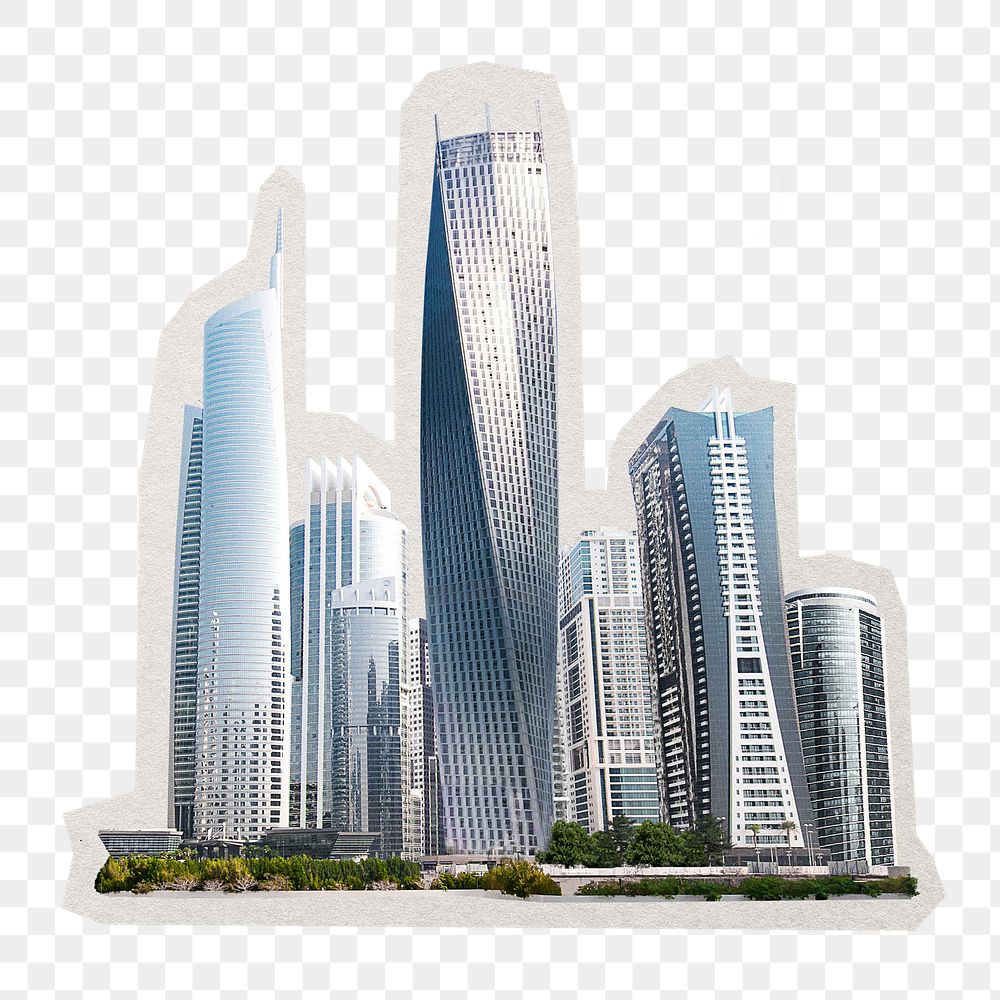 City skyline png off white paper border sticker,  office buildings & skyscrapers, transparent background