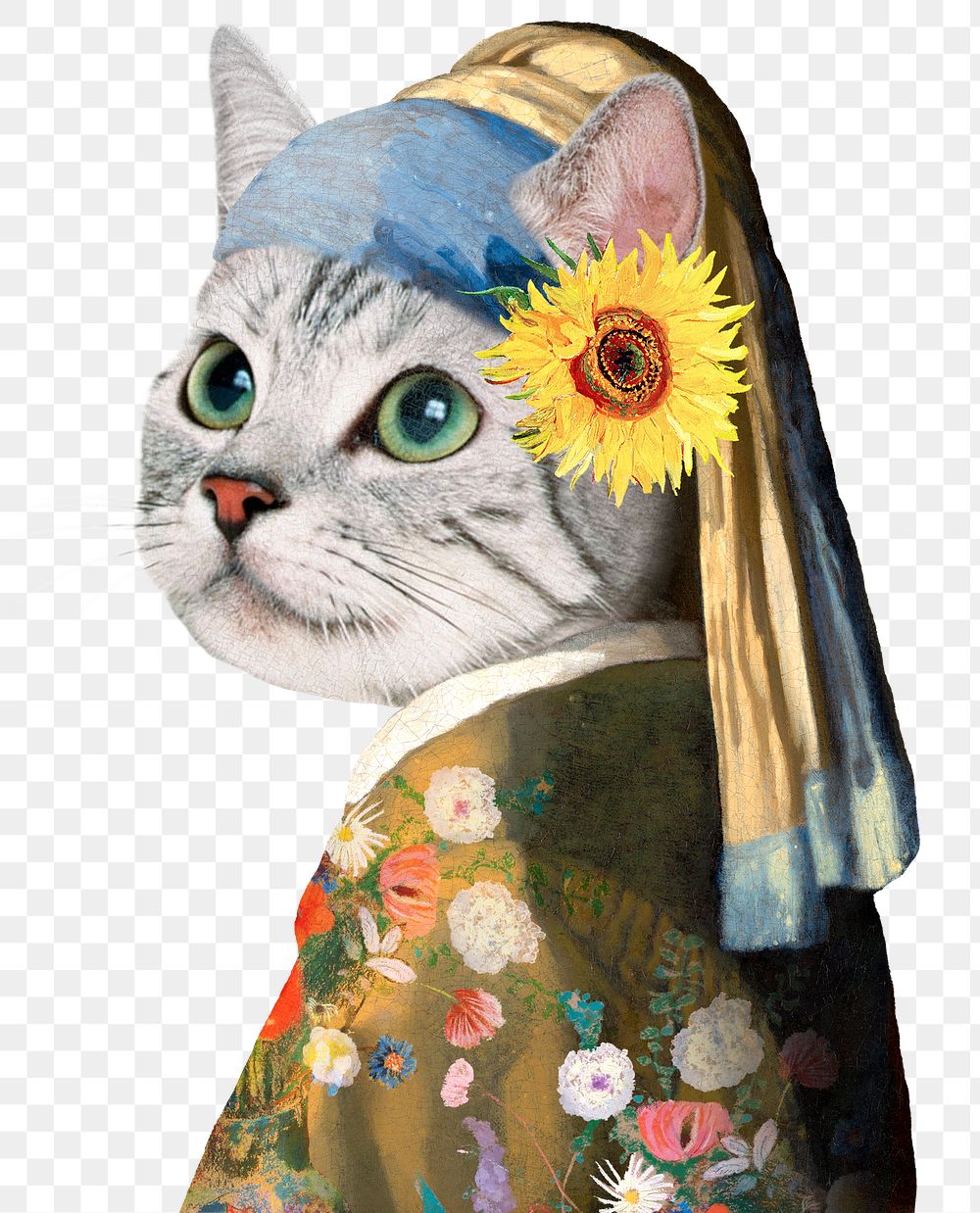 Png cat head woman sticker, Johannes Vermeer's artwork remixed by rawpixel, transparent background