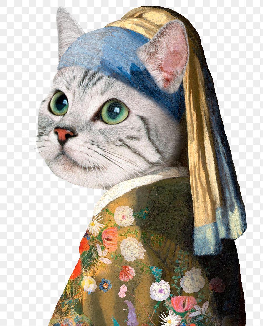 Png cat head woman sticker, Johannes Vermeer's artwork remixed by rawpixel, transparent background