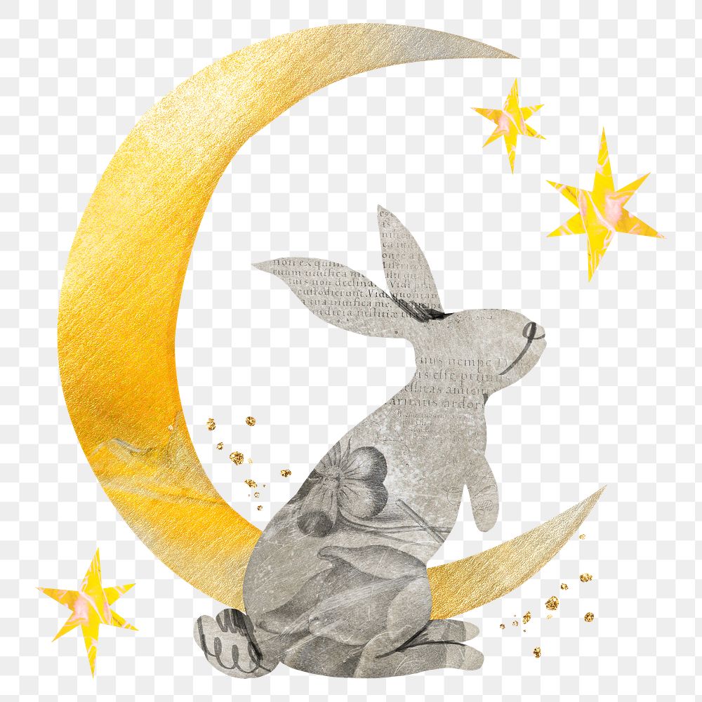 Moon rabbit png sticker, paper texture, aesthetic collage element, transparent background