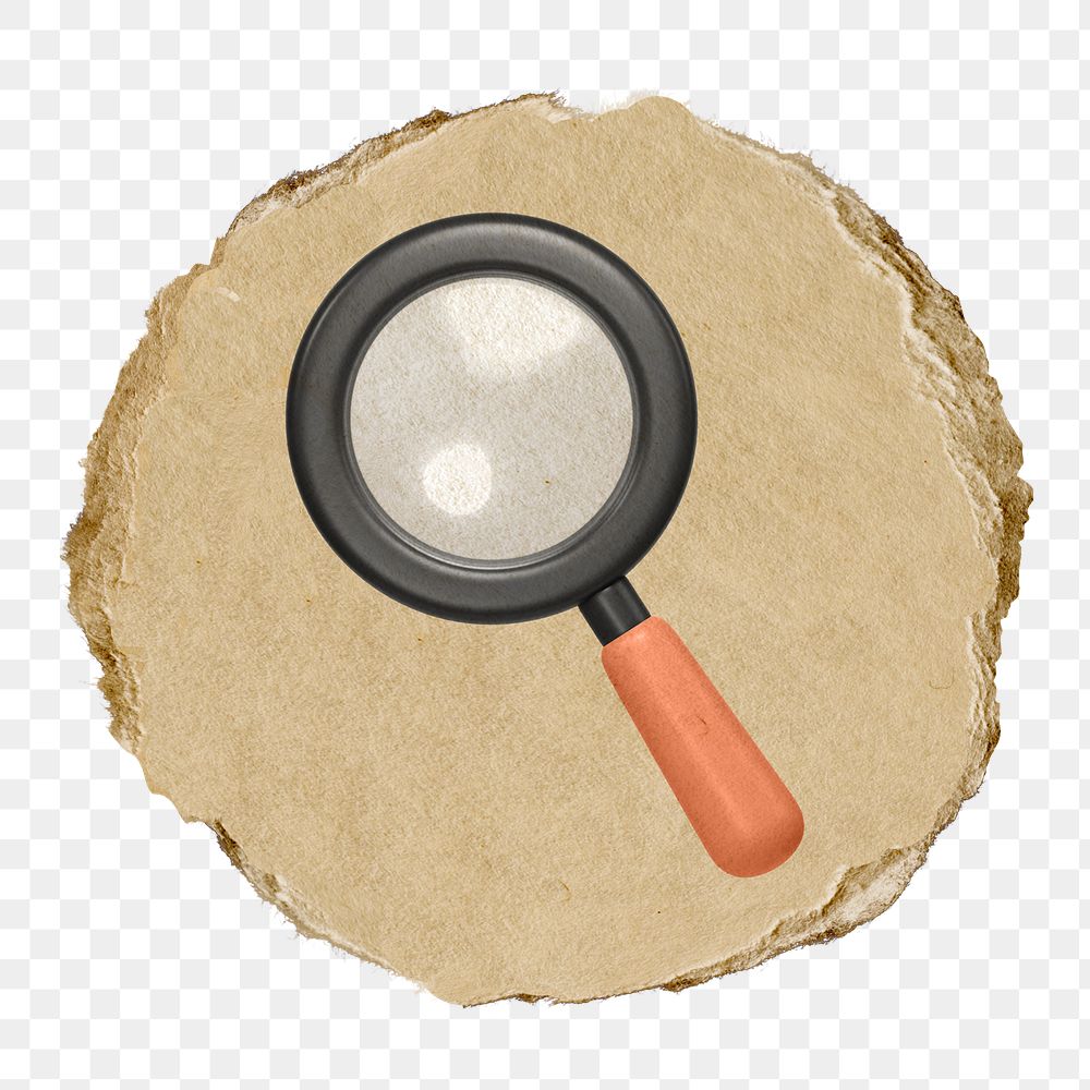 Magnifying glass png icon sticker, ripped paper badge, transparent background