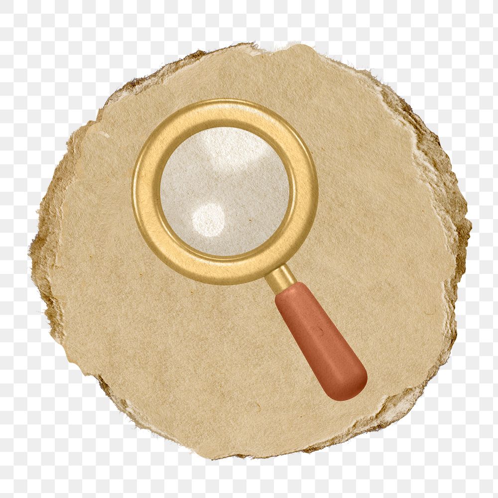 Magnifying glass png icon sticker, ripped paper badge, transparent background