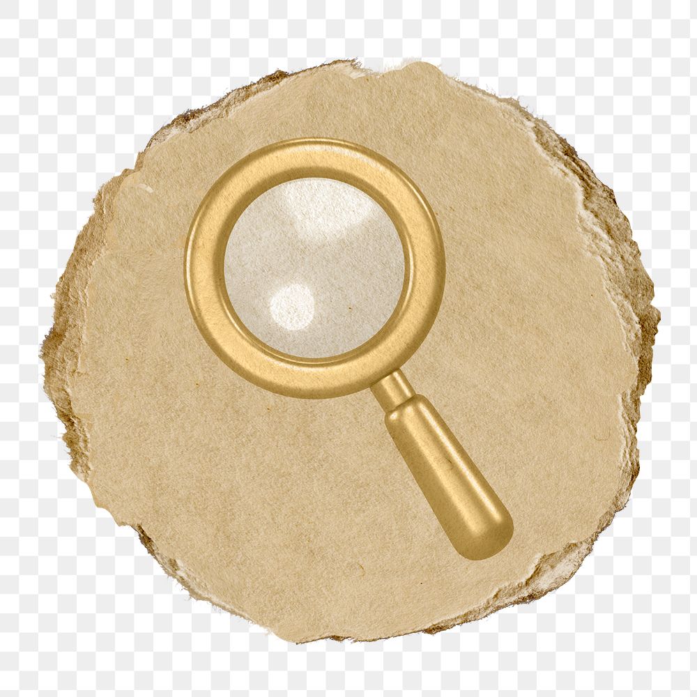 Magnifying glass png icon sticker, ripped paper badge, transparent background