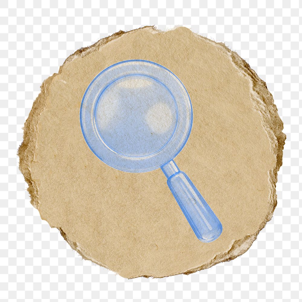 Magnifying glass png icon sticker, ripped paper badge, transparent background