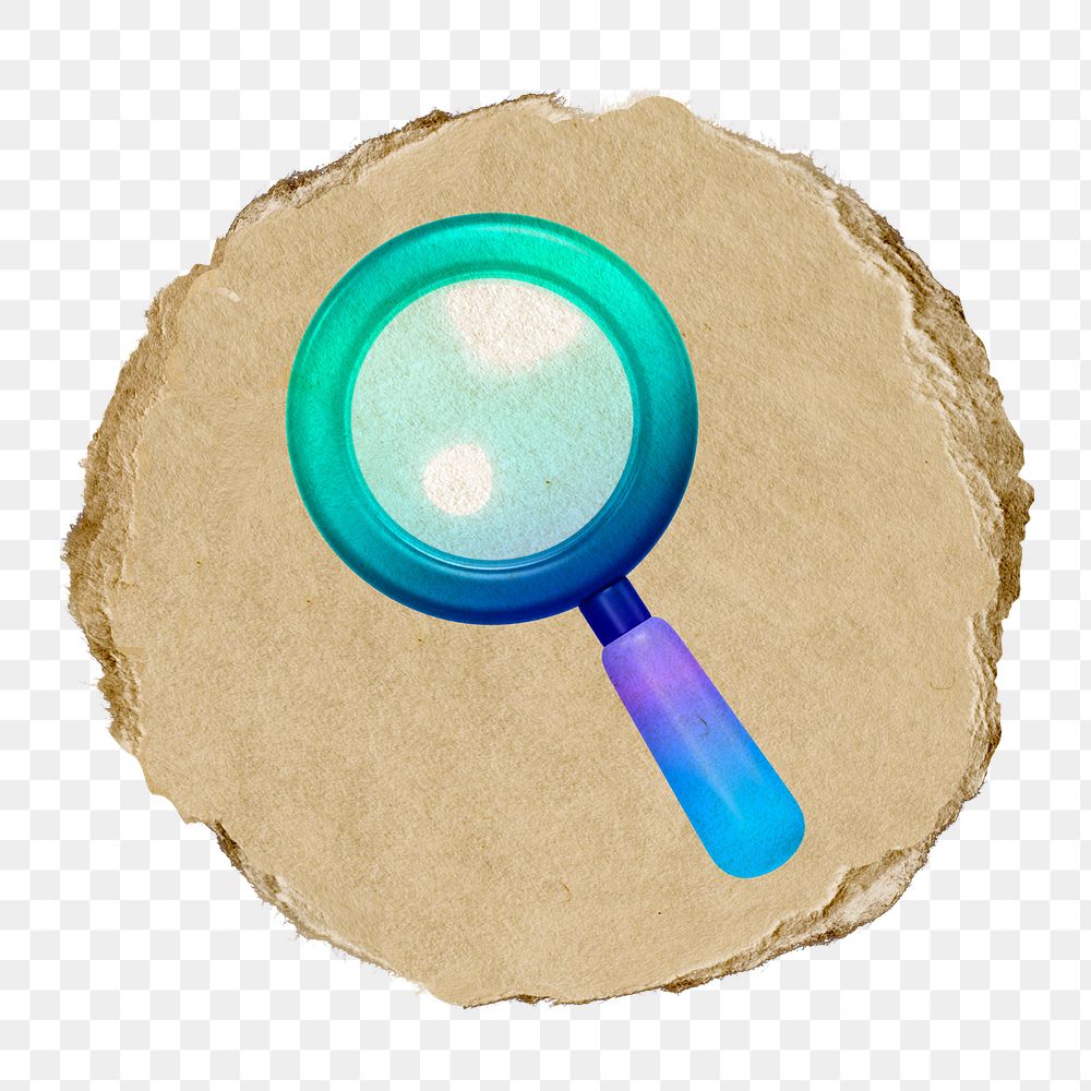 Magnifying glass png icon sticker, ripped paper badge, transparent background