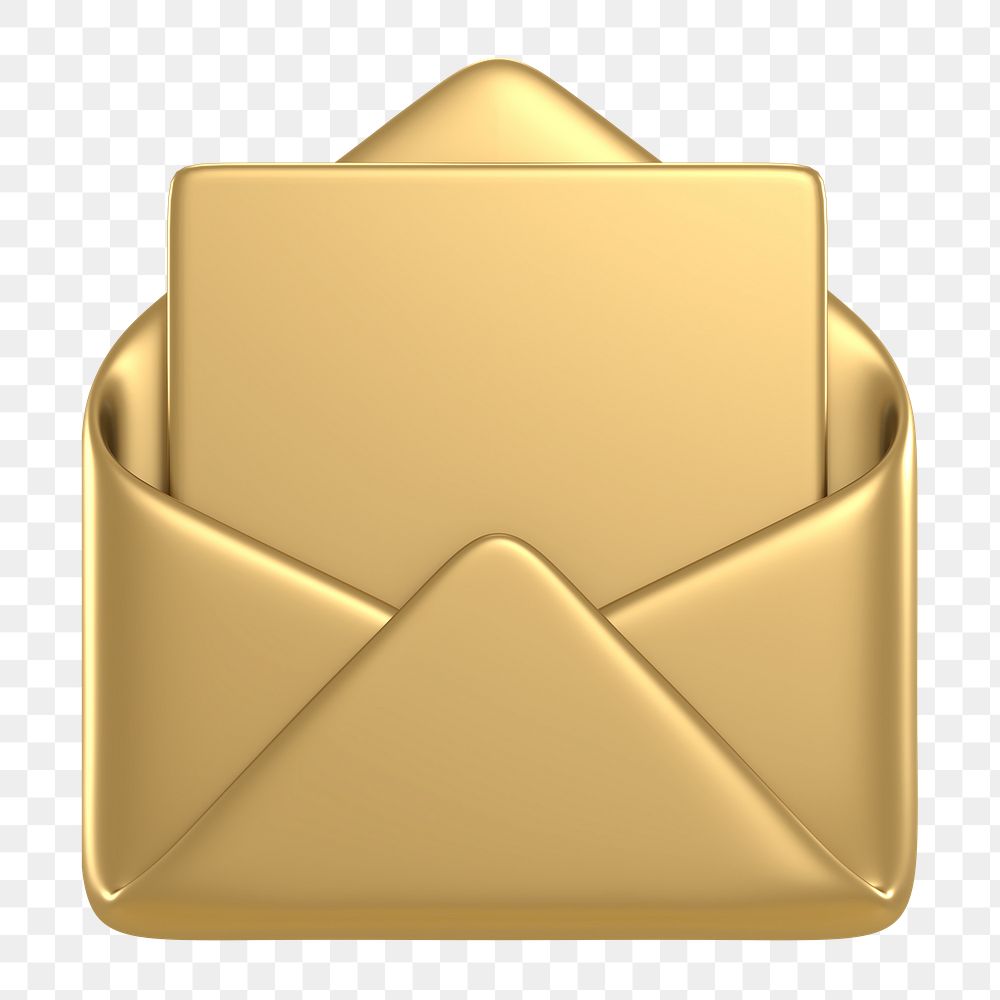 Gold envelope png, email icon sticker, 3D rendering, transparent background