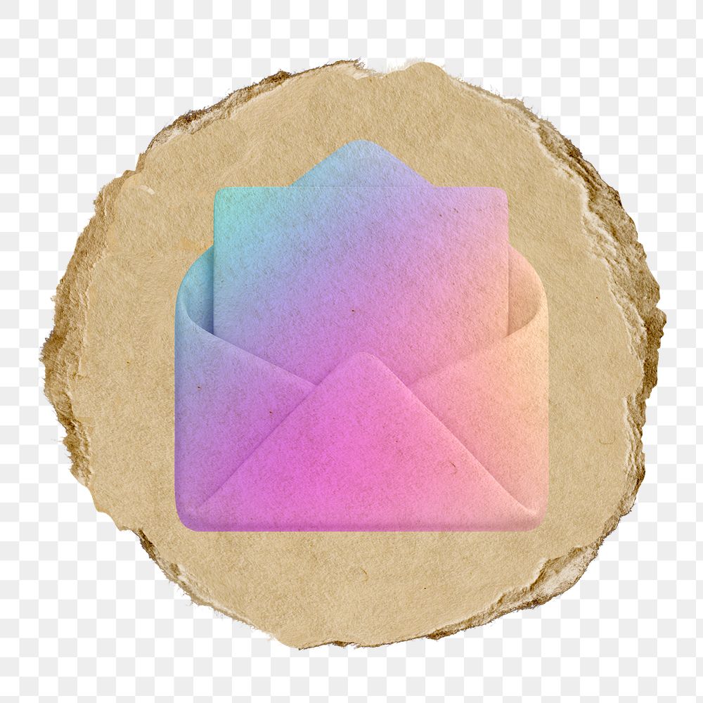 Gradient envelope png, email icon sticker, ripped paper badge, transparent background