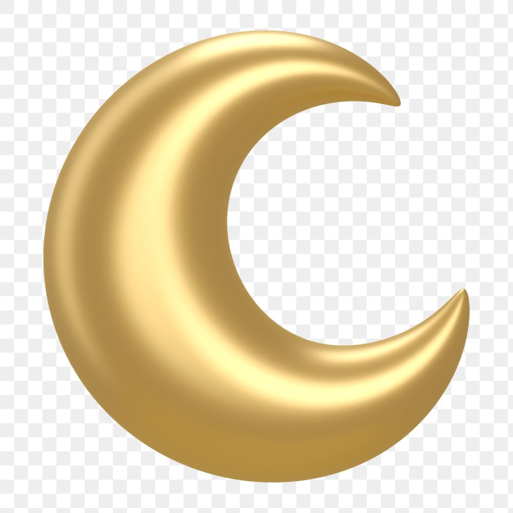 Gold crescent moon png icon sticker, 3D rendering, transparent background