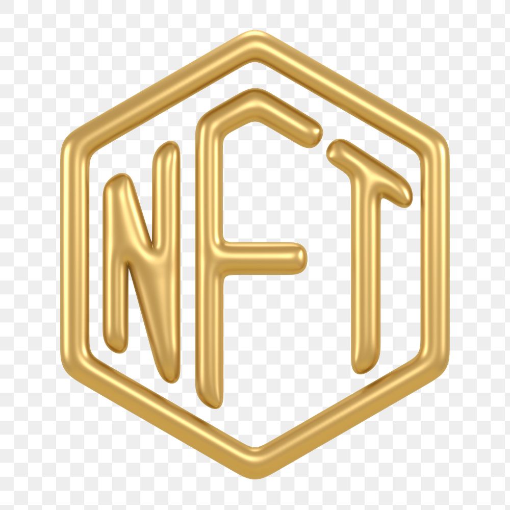 NFT blockchain png, gold icon sticker, 3D rendering, transparent background