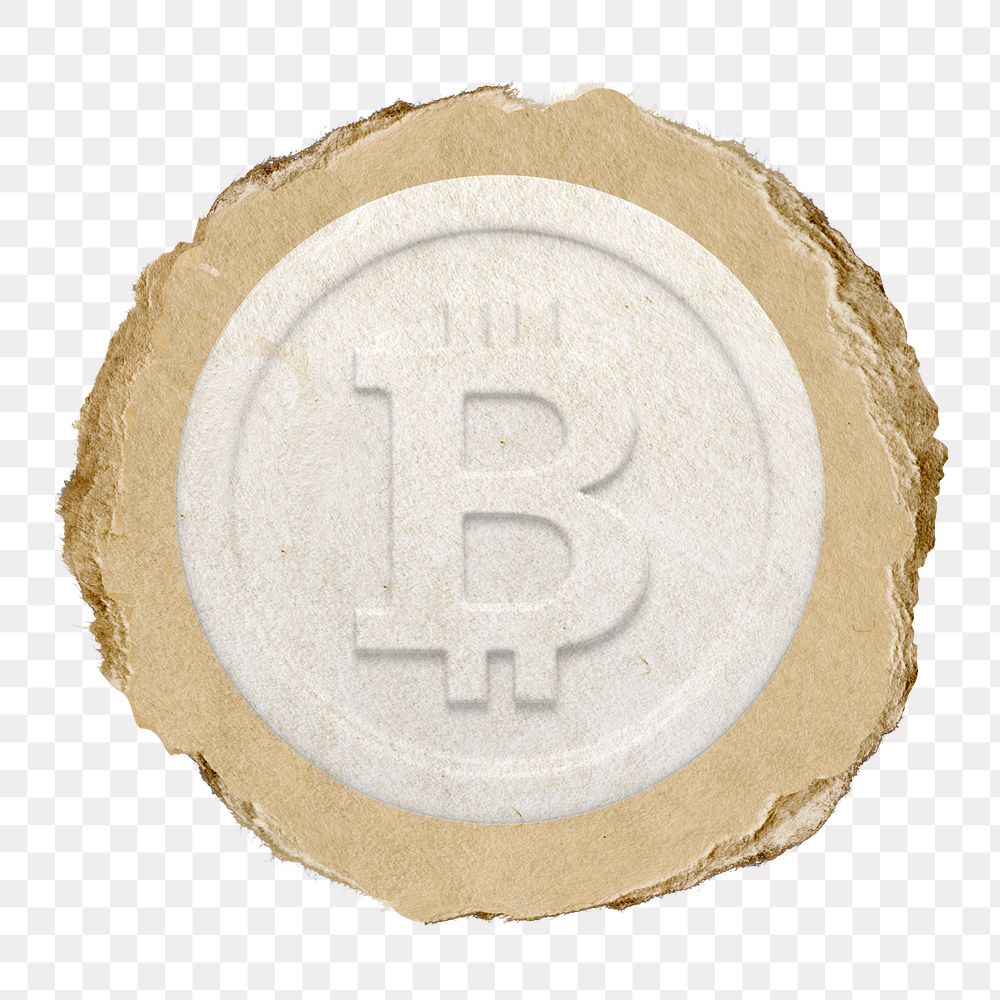 White bitcoin, cryptocurrency png icon sticker, ripped paper badge, transparent background