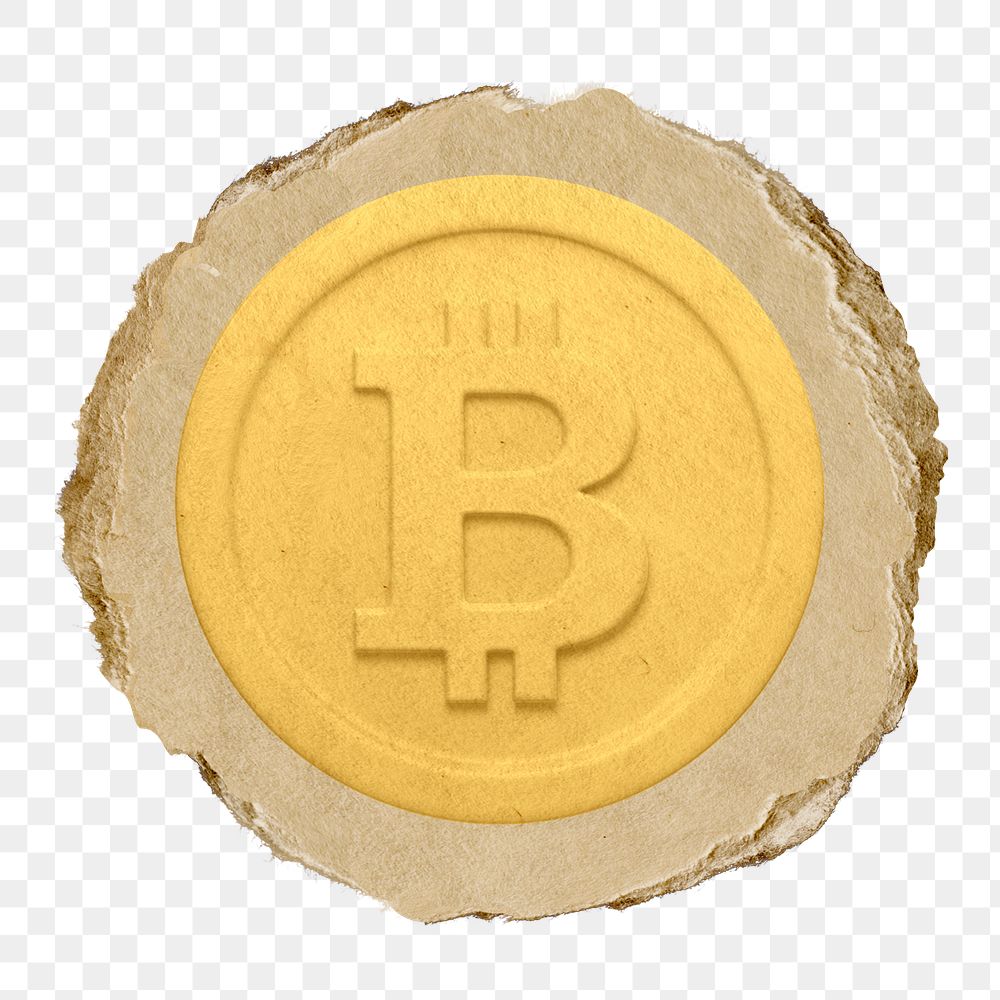 Gold bitcoin, cryptocurrency png icon sticker, ripped paper badge, transparent background