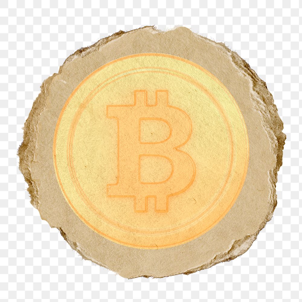 Bitcoin, cryptocurrency png icon sticker, ripped paper badge, transparent background