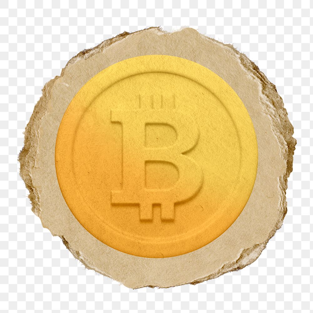 Gold bitcoin, cryptocurrency png icon sticker, ripped paper badge, transparent background