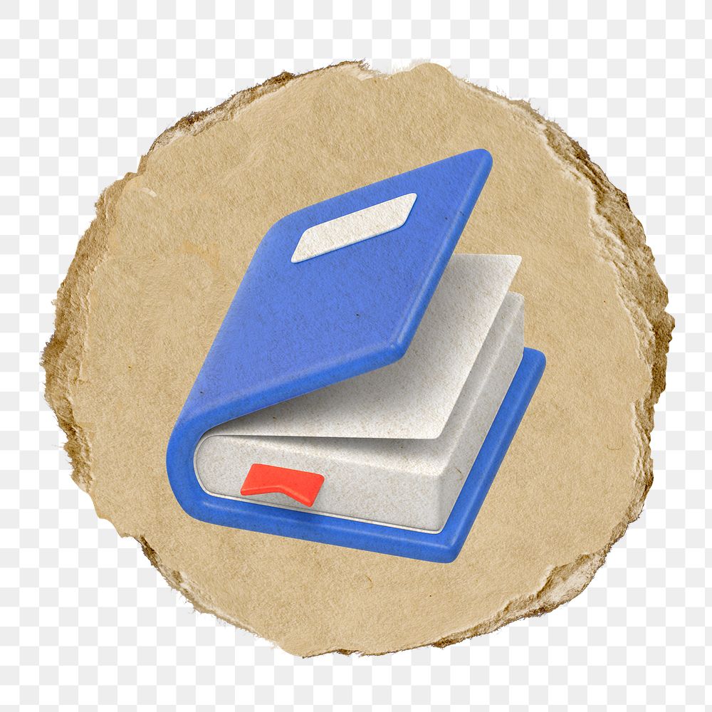 Blue book, education png icon sticker, ripped paper badge, transparent background