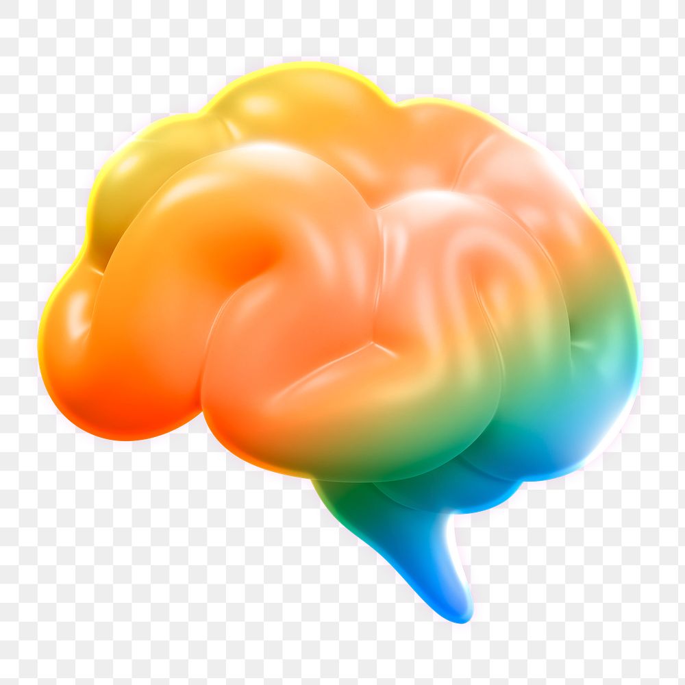 Rainbow brain png icon sticker, 3D rendering, transparent background