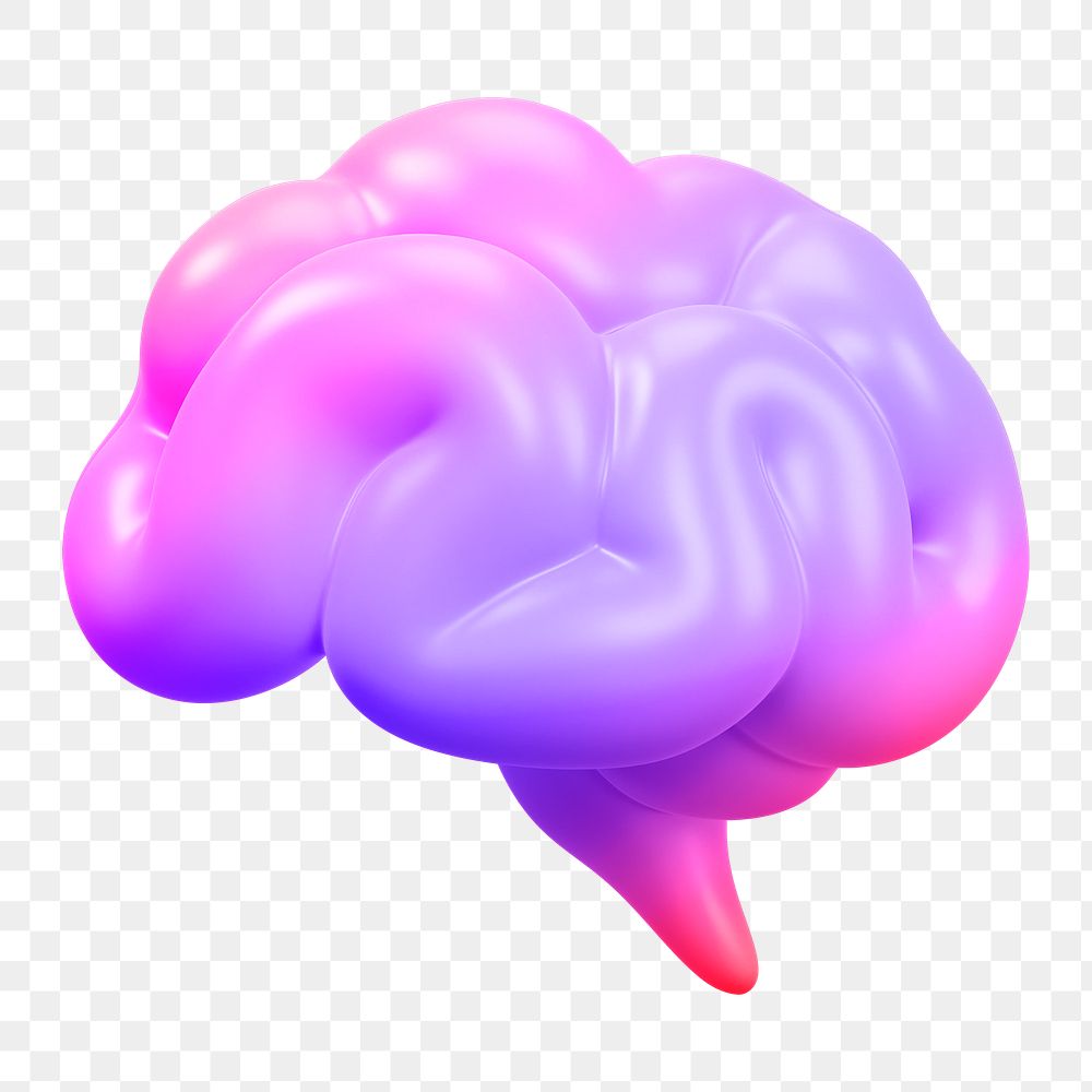 Pink neon brain png icon sticker, 3D rendering, transparent background