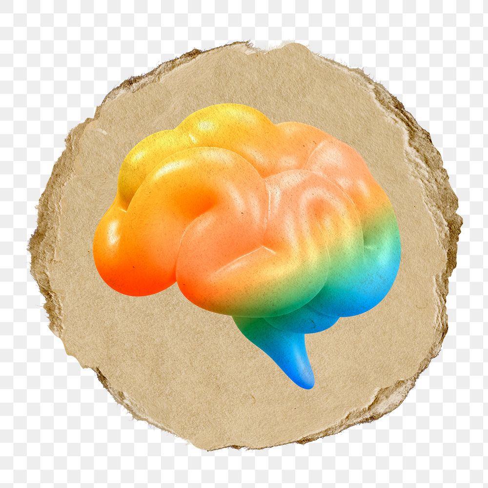 Rainbow brain png icon sticker, ripped paper badge, transparent background