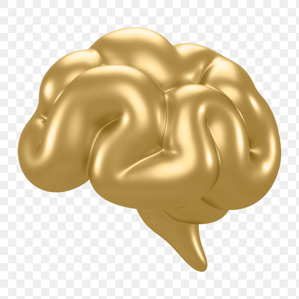 PNG gold brain icon sticker, 3D rendering, transparent background