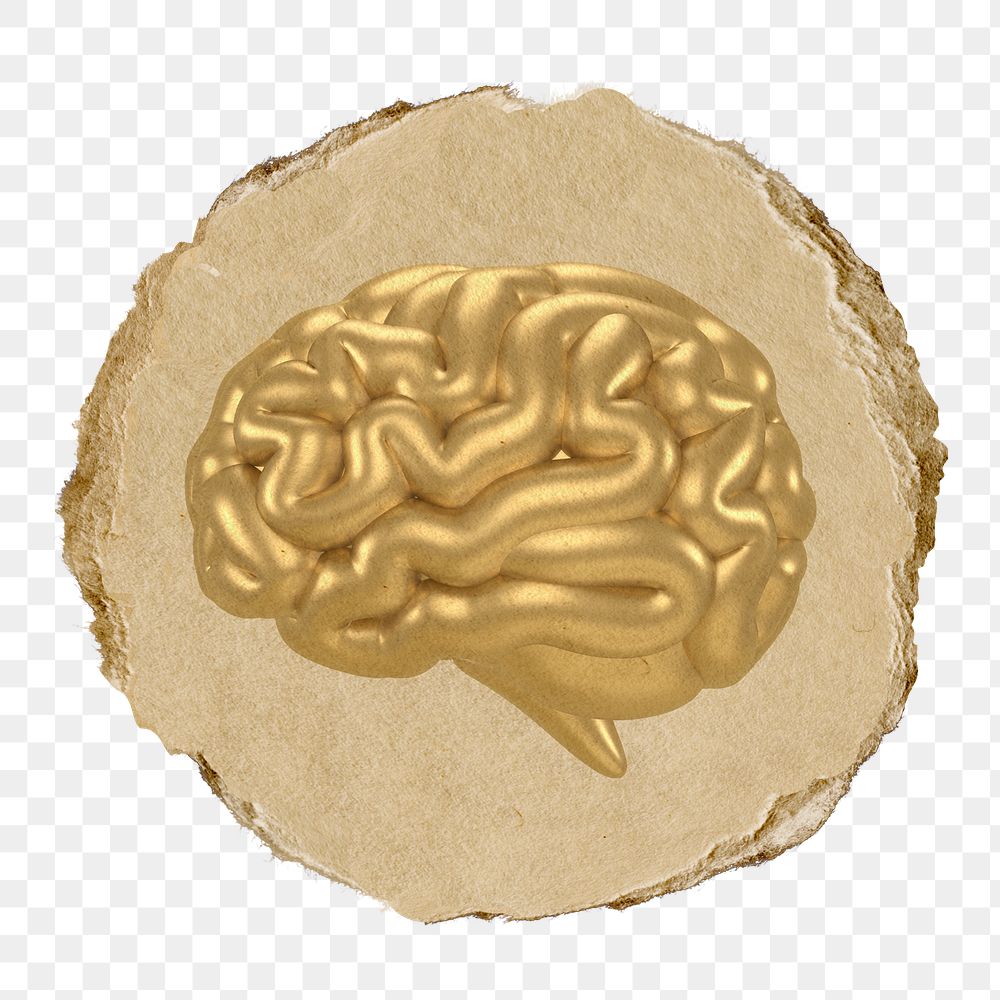 Gold brain png icon sticker, ripped paper badge, transparent background