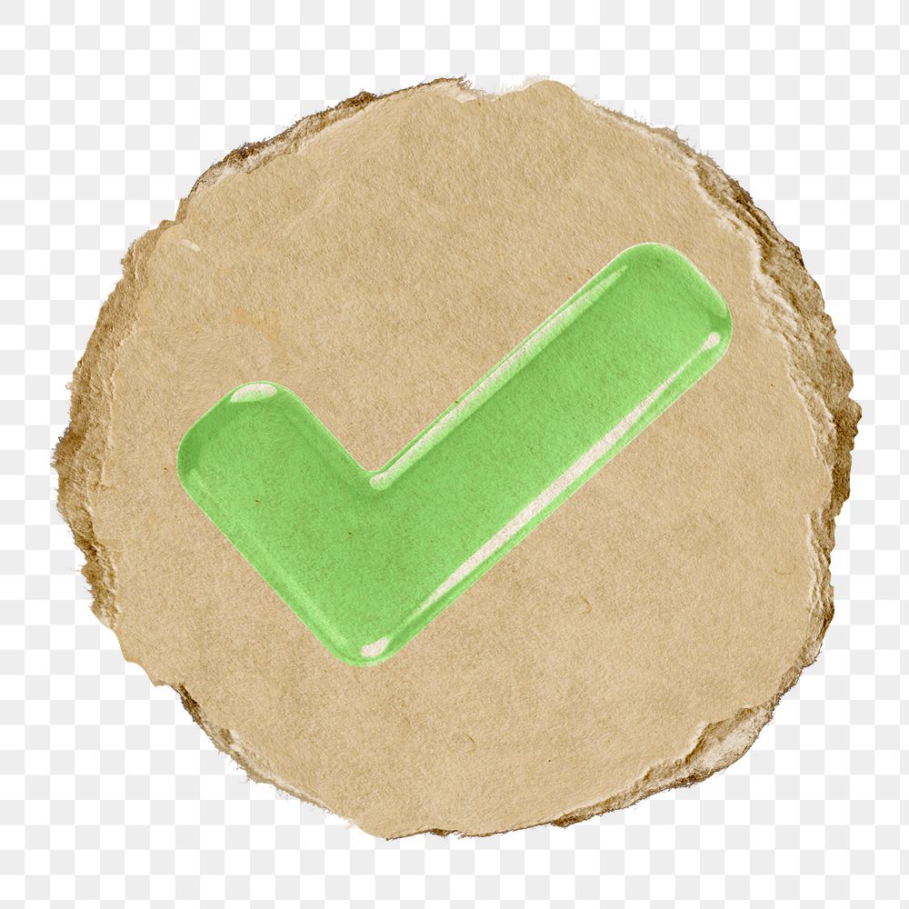 Tick mark png, green icon sticker, ripped paper badge, transparent background