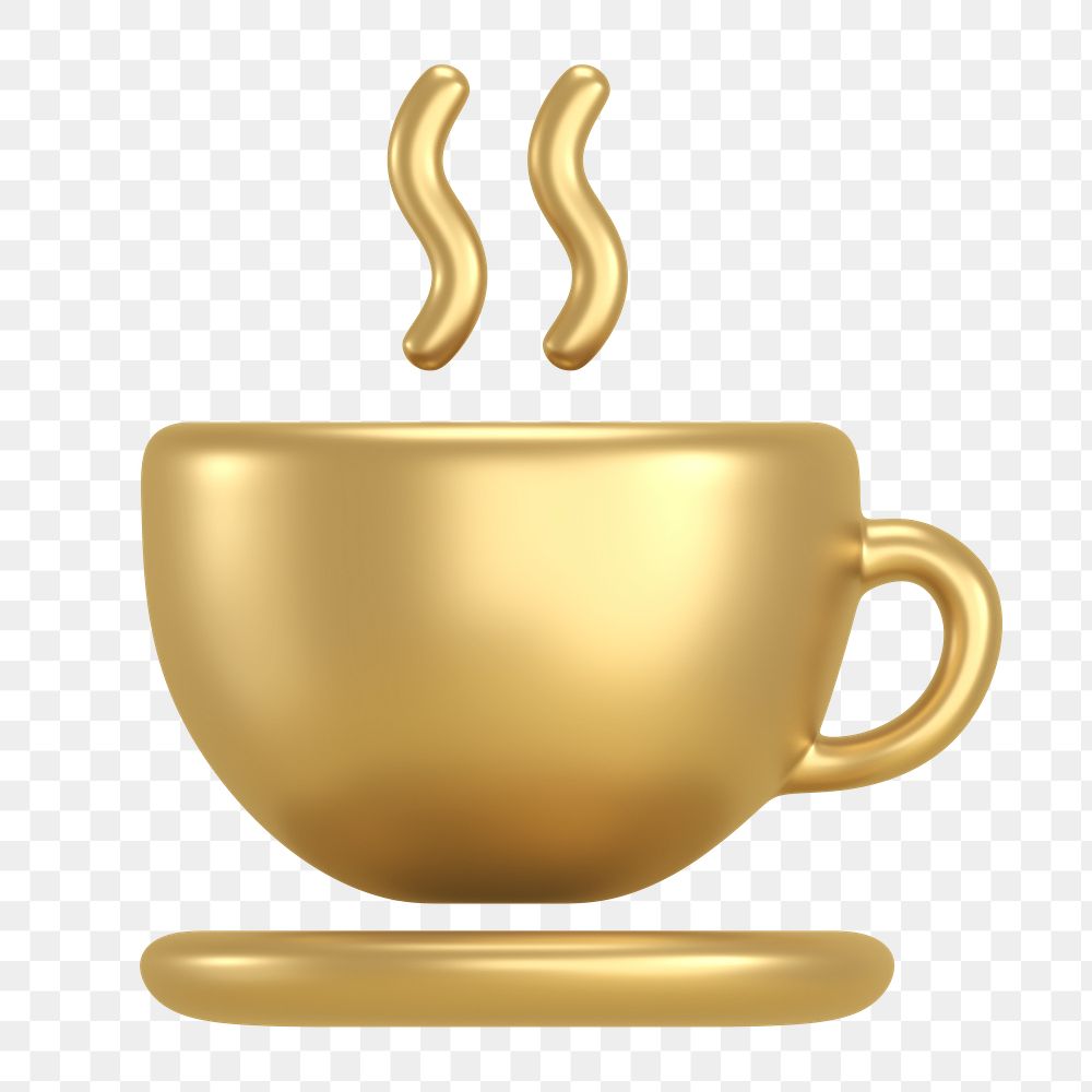 Gold coffee, cafe png icon sticker, 3D rendering, transparent background